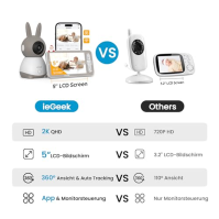 ieGeek chůvička se 2 kamerami 2K/3MP, 5" WiFi video chůvička PTZ 355°, IR noční vidění, automatické sledování, detekce pláče/po